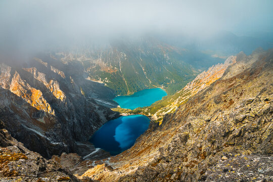 Morskie Oko lake view from the foggy mountain, High Tatras
