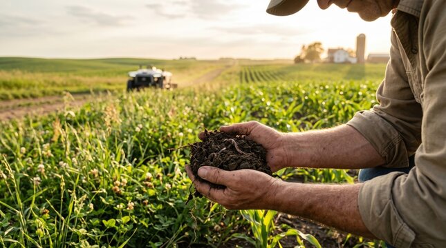 Farmer holding rich soil in hands examining earth quality in corn field at sunset, sustainable agriculture practice, regenerative farming concept and connection to nature for he...