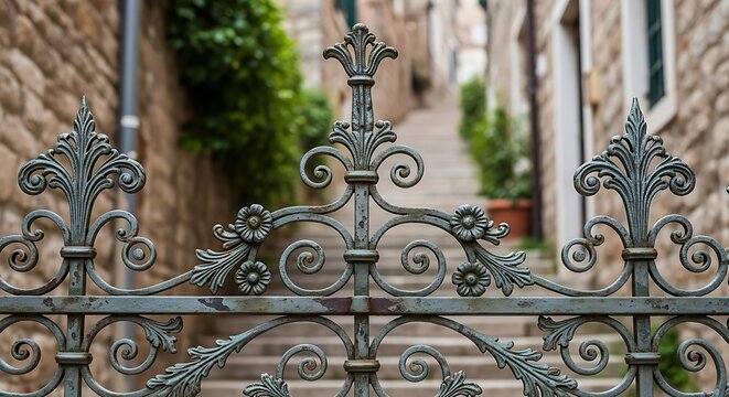 Ornate wrought iron fence detail in a narrow European stone alleyway.