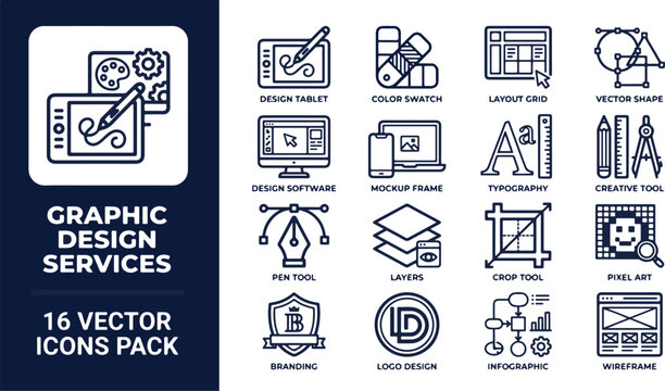Graphic design services and creative agency line icon set. Featuring design tablet color swatch layout grid vector shapes typography and pen tool for digital branding.
