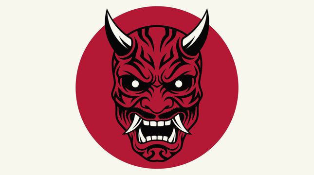 Japanese Red Hannya Oni Mask Illustration with Horns and Red Sun Background