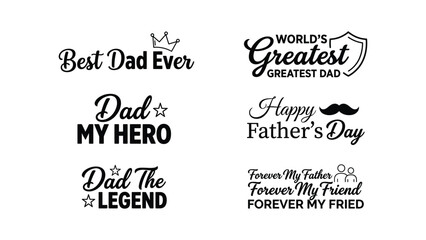 Obraz premium Collection of six distinct black text phrases celebrating fathers with iconic imagery like crowns and mustaches on a white background