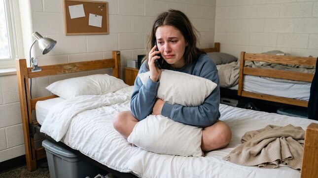 Homesick Student Calling Parents capturing an upset young woman sitting on her mattress holding a pillow for mental health blogs or family communication sites