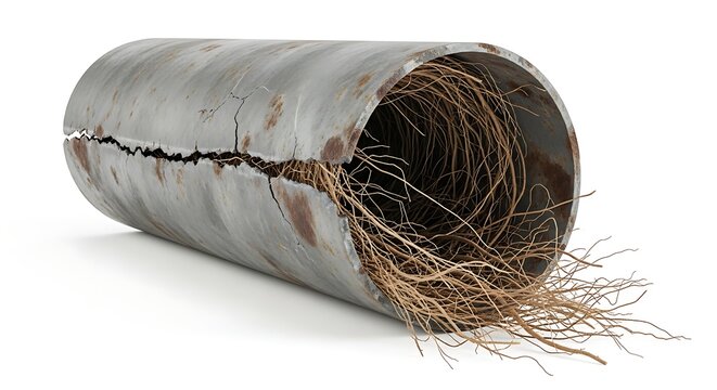 Old metal pipe filled with tangled dry roots isolated on white.