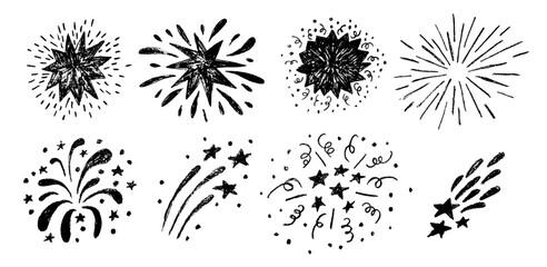 Obraz premium Hand drawn firework collection. Black pencil drawings of firecracker, confetti, sunburst, explosion and sparkles