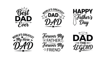 Fototapeta premium Collection of six fathers day greeting quotes and sayings with decorative elements for graphic design purposes