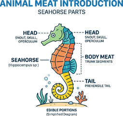 Diagram labeling body parts of a seahorse under the heading Animal Meat Introduction Seahorse Parts © Michelle studio