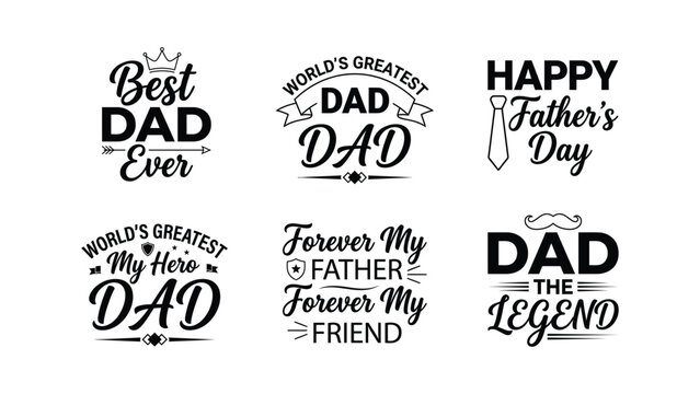 Collection of six fathers day greeting quotes and sayings with decorative elements for graphic design purposes
