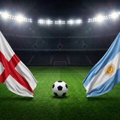 Fototapeta premium England and argentina national flags with a soccer ball in the center of a large dark stadium