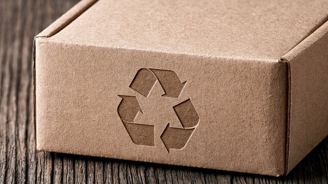 Close-up of a cardboard shipping box with a prominent recycling symbol etched into its surface on a wooden background