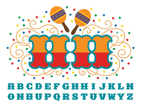 Mexican Fiesta Alphabet Font with Maracas and Confetti Decorative Vector Set