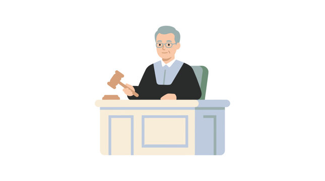 Judge in court robes holding gavel over sounding block, illustration