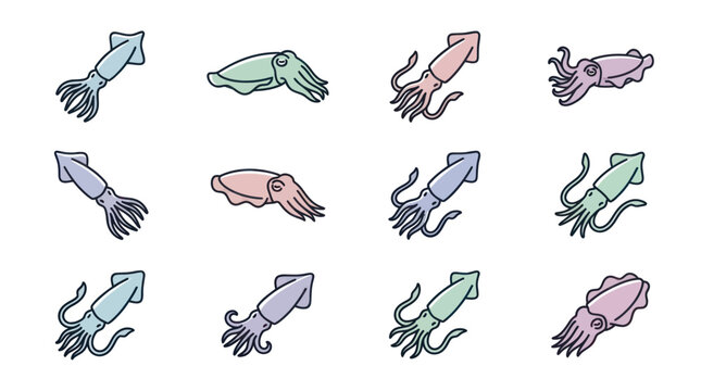 Collection of stylized squid and cuttlefish icons in pastel colors
