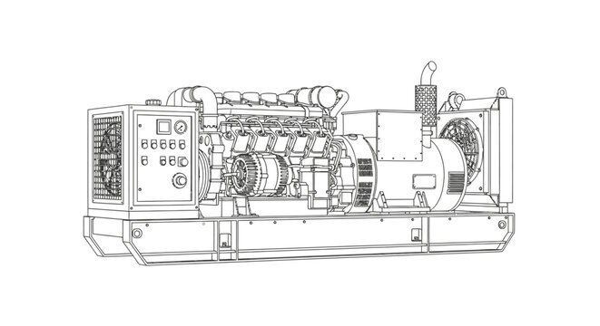 Industrial generator schematic detailed outline on white background