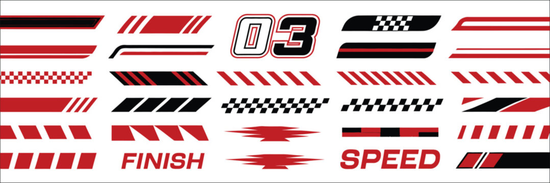 Racing car stripes with checkered flag, speed lines, motorsport decals, motocross labels, tuning stickers, vehicle graphics, and automotive branding vector, designs