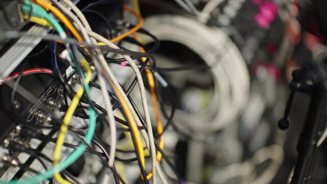 Tangled Network and Audio Cables on Equipment Rack, Close-Up