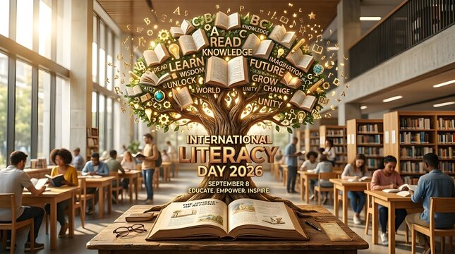 Modern Library Poster Design for International Literacy Day 2026 Event