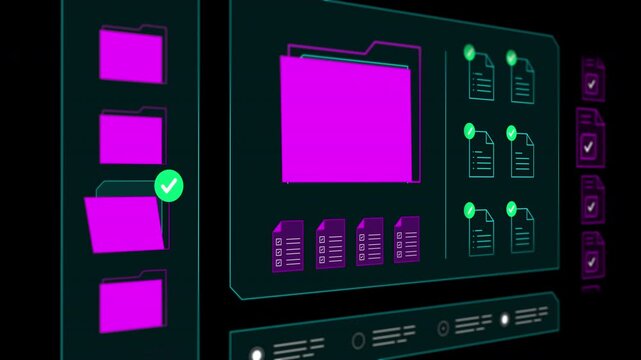 Animated technology interface showing data document organization and secure file hosting directory folders.