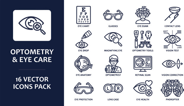 Optometry and eye care linear icon set. Featuring eye chart glasses eye exam contact lens eye drop and phoropter for ophthalmology. Professional medical icons for clinics.