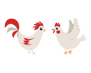 Cute cartoon rooster and chicken vector set. Funny hand-drawn farm birds collection. © anngirna