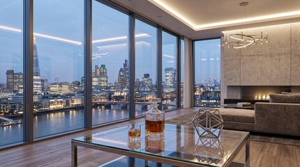Obraz na płótnie Canvas Luxurious penthouse living room with a twilight city view
