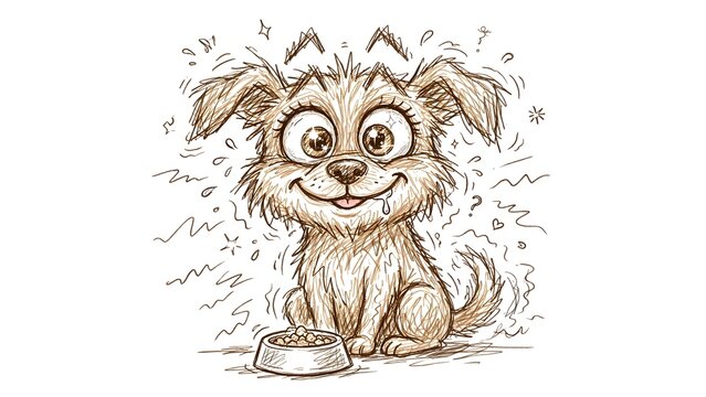 Energetic cartoon puppy eagerly waiting beside food bowl