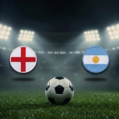 Naklejka premium England vs argentina soccer match with flags and a football on a dark stadium grass field
