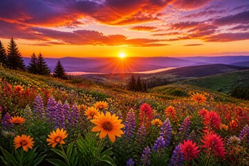 Fototapeta premium Wildflower meadow blooming at sunrise on mountain slope