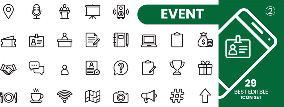 Editable event icon set for presentations and marketing materials. 
Find Similar
File #:  1973693095
Transparent PNG available
Event management and planning vector icon set. Business conference