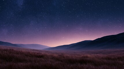 Obraz premium Vast rolling hills under a starry night sky with subtle purple and pink twilight glow illuminating the landscape