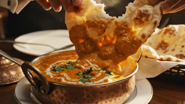 Hands dipping naan bread into bowl of Indian curry.