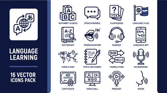 Language learning and linguistics line icon set. Featuring alphabet blocks speech bubble flashcards dictionary pronunciation headset world map translation and microphone icons for education and apps.