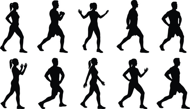 Black Silhouette of a Person Walking in Sportswear Isolated on a White Background
