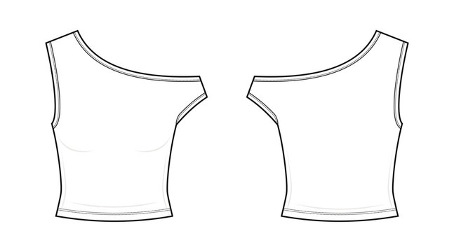 Asymmetric Cap Sleeve Knit Top Technical Fashion Illustration. One Shoulder Style Blouse Vector Template. Front and Back View. Women&rsquo;s Apparel. CAD Mockup Set.
