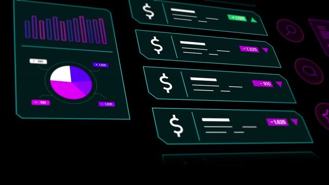 Geometric tech interface showcasing financial ledger columns, asset balances, and automated currency tickers.