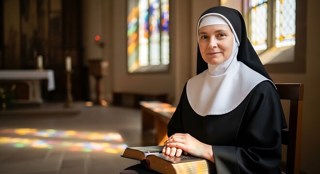 Nun Sitting in Church Reading Bible During Worship Service.