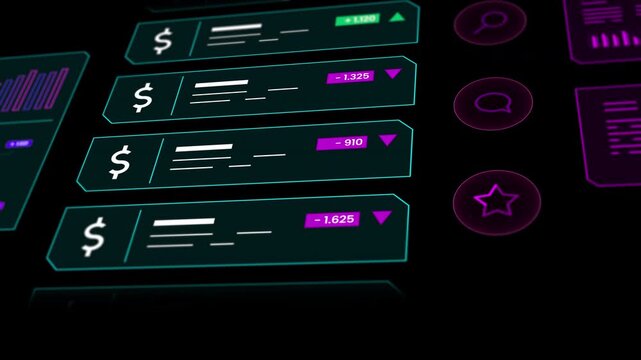 Dynamic angled perspective of green fintech dashboard with trading sales charts and digital asset analytics.
