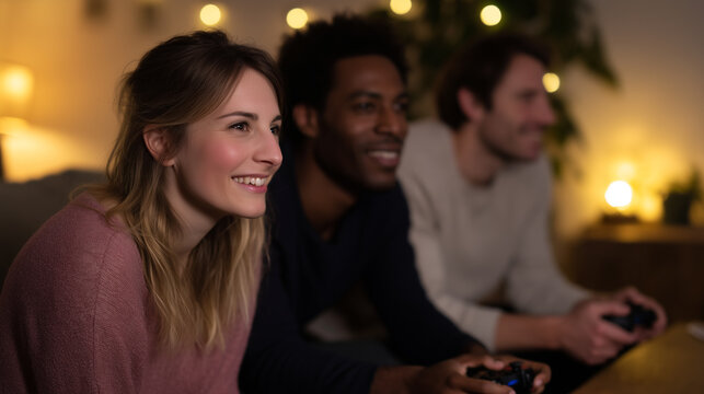 Young adult friend game controller evening couch smile living room group home young adult friend game controller evening couch smile living room group enjoying casual multiplayer session warm light