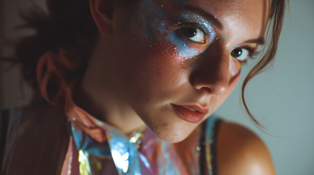 Iridescent makeup female portrait, glitter eye, glossy skin, editorial beauty with colorful glam shimmer, close up face, creative fashion style, copy space