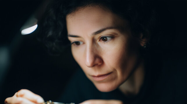 Jewelry maker artisan woman inspecting earring workshop craft closeup focus on finished earring with calm expression under lamp during handmade accessory quality check