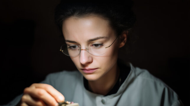 Jewelry maker earring inspection artisan woman eyeglass workshop craft focus detail attentive worker examining handmade earring in dim studio