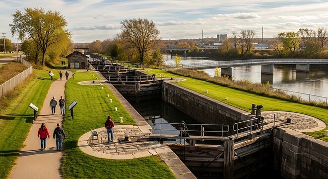 People walking along the historic canal locks during a sunny autumn afternoon.