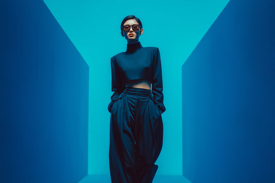 Korean woman futuristic fashion luxury style blue corridor female model sunglasses black outfit teal light modern studio portrait with confident expression in geometric space