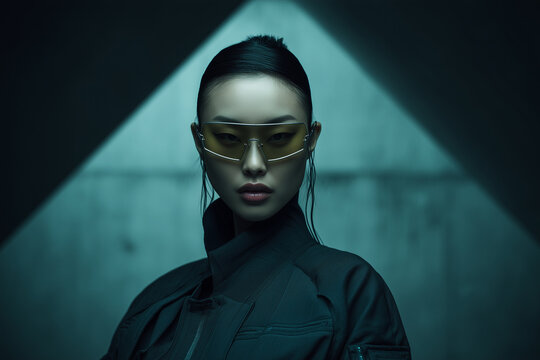 Korean woman, futuristic fashion, luxury style, yellow sunglass, dark jacket, studio portrait with confident expression under teal geometric light