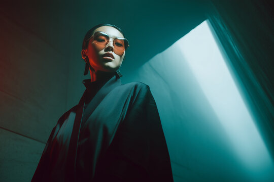 Korean female model futuristic luxury fashion sunglasses, cinematic portrait with teal red light, confident expression, dark outfit, dramatic urban interior