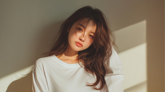 Korean woman female model portrait beauty candid long hair white shirt natural light indoor