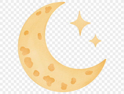 Watercolor textured crescent moon with stars illustration Vector.