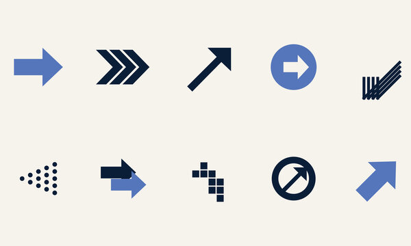 Various blue and dark blue arrow icons in a grid on a light background with a modern design concept