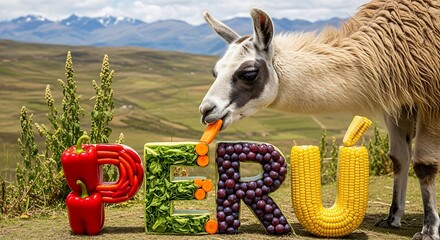 Fototapeta premium Peru Nature and Wildlife with Alpaca and Colorful Letters.