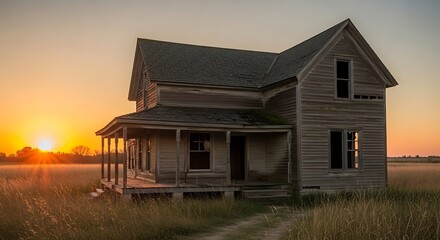 Obraz premium Old Wooden House at Sunset in Rural Landscape.